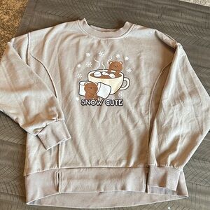 'Snow Cute' Bear Hot Chocolate Graphic Crewneck Sweater Tan